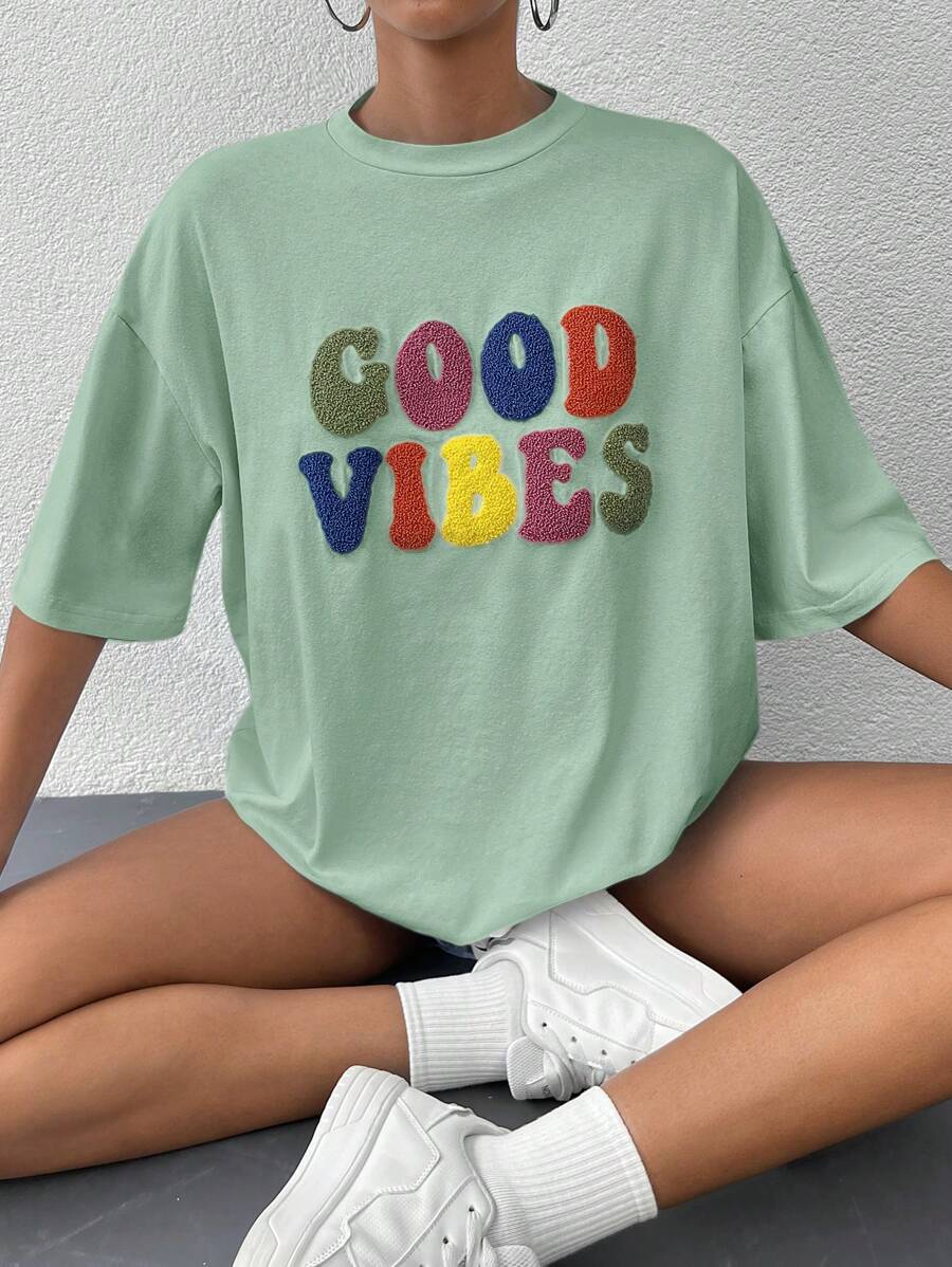 Letter Flocking Drop Shoulder Tee - Green - View 1