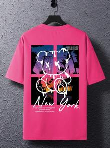 Manfinity Homme Loose Fit Men's Cartoon Bear & Slogan Graphic Tee - Hot Pink - View 2