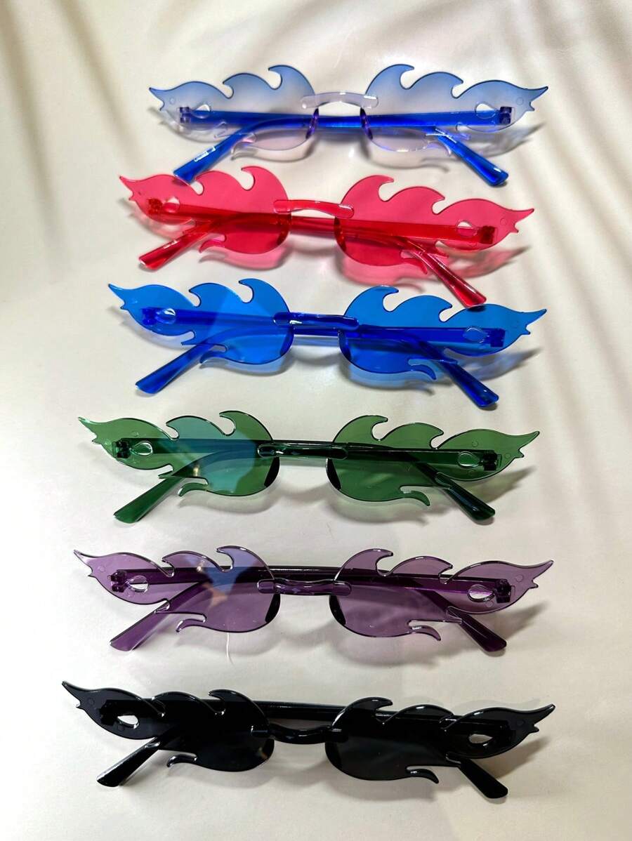 6副Y2K音乐节狂欢火焰风格多边形时尚眼镜，欧美流行，自拍道具，绿色派对眼镜配饰，沙滩配饰，夏季海滩度假、户外旅行眼镜
