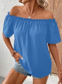 SHEIN LUNE Camisa elegante para mujer de unicolor con encaje en los hombros y corte holgado - Celeste - Ver 1