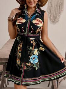 SHEIN VCAY Plus Size Women's Fashionable Elegant Peacock Printed Sleeveless Turn-Down Collar Dress - Multicolor - View 3