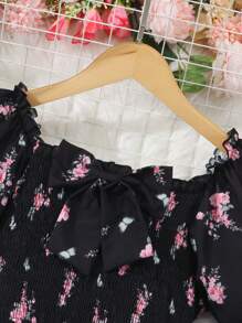 Sparklyn Teen Girl Floral Print Round Neck Short Sleeve Dress - Black - View 4