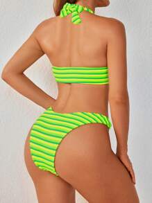 SHEIN Swim Summer Ladies' Striped Bikini Set With Circular Linkage And Neck Ties For Holiday - Multicolor - View 5