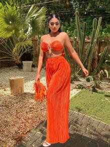 SHEIN SXY Conjunto de 2 piezas para el verano: Top sin tirantes naranja con escote y pantalones anchos naranja para vacaciones en la playa, ropa de mujer - Naranja Quemada - Ver 3