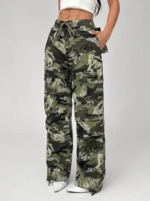 SHEIN Unity Women's Flower Camo Print Belted Casual Long Pants Fall Cloth For Women - Multicolor - View 5