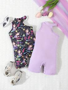 Two Girls' Purple Cartoon Allover Print Stylish Sleeveless Romper, Summer - Multicolor - View 1