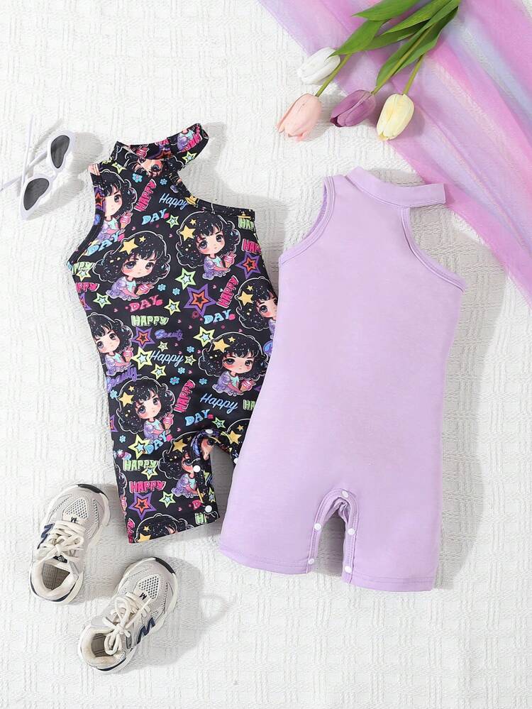 Two Girls' Purple Cartoon Allover Print Stylish Sleeveless Romper, Summer