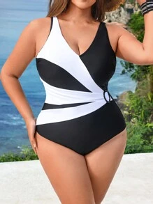 Swim Lushoire Plus Size Women's Stylish Black & White Colorblock Waist Cinched One-Piece Swimsuit,Summer Beach