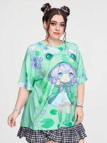 ROMWE Anime Camiseta de rana de talla grande con estilo de dibujos animados lindo - Multicolor - Ver 3