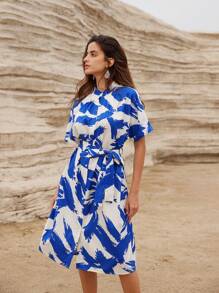 Aveloria Splatter Paint Brushstroke Print Belted Stand Collar Ruched One-Piece Sleeve Dress - Multicolor - View 2