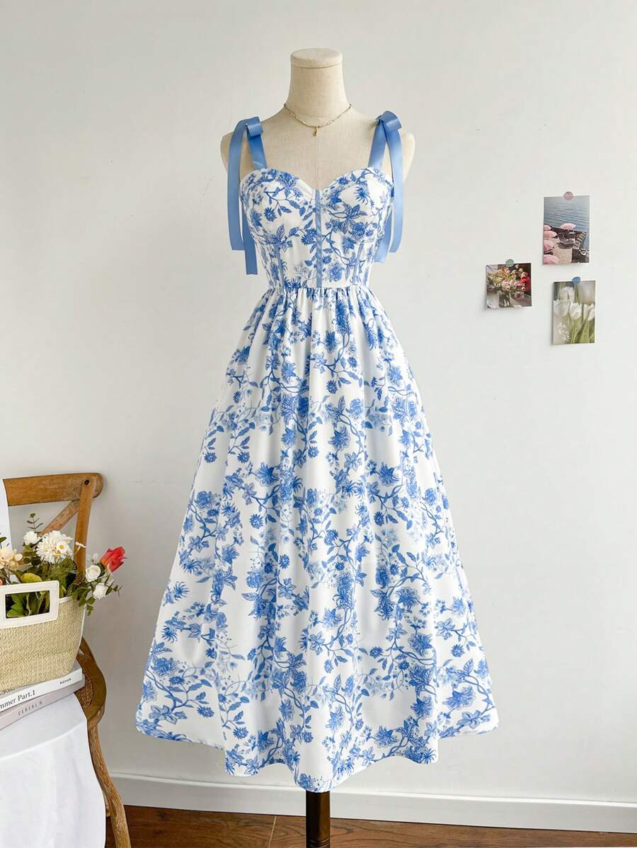 Soleia Váy chữ A kiểu dáng màu xanh và trắng giản dị lãng mạn có thắt lưng cho nữ - Xanh và trắng - Xem 1