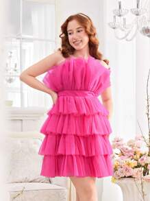 Vestido De Tirantes De Tul En Capas De Color Sólido Para Niña Adolescente Con Correas De Hombro Y Cinturón Extraíbles - Rosa Fucsia - Ver 8