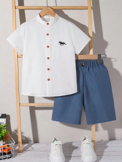 SHEIN Tween男孩休閒舒適馬印花短袖Polo衫和純色短褲2件套裝