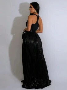 女士金属面料高开衩半身裙，适合夏季派对穿着，黑色春季款 - 黑色 - 查看 6