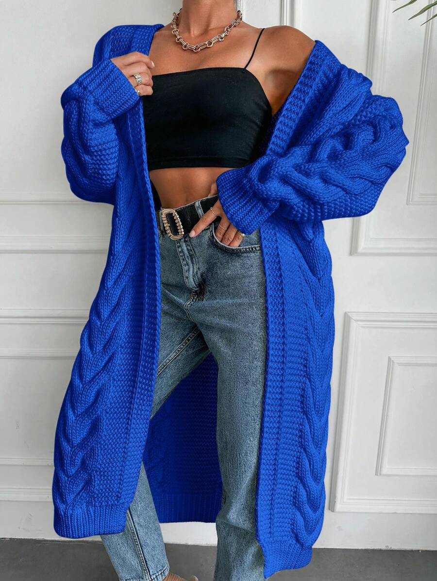 EURMUSE 女式絞花針織中長開襟衫 - 寶藍色 - 查看 1