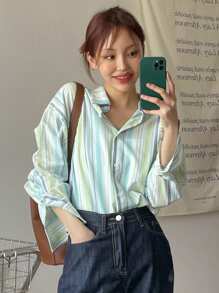 DAZY Áo sơ mi dài tay cổ bẻ thoáng khí kẻ sọc cho nữ, trang phục công sở thường ngày, xuân/hè - màu xanh lá - Xem 9