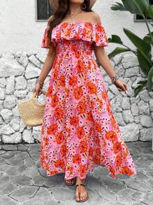 SHEIN LUNE Plus Paisley Print Off Shoulder Ruffle Trim Split Thigh Boho Long Dress For Summer - Pink - View 4