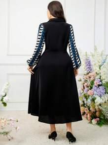 Modelyn Plus Size Women's Stylish Printed Long Sleeve Patchwork Dress