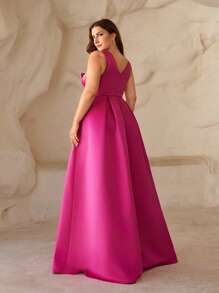 SHEIN Belle Váy dạ hội thanh lịch cỡ lớn màu đỏ sẫm với cổ chữ V sâu, xẻ cao và nơ bất đối xứng cho tiệc tối, tiệc cưới, tốt nghiệp, tiệc tối - Màu Hồng Tươi - Xem 2