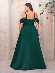 SHEIN Belle Váy chữ A xẻ cao vai khoét sâu đính hạt màu xanh lá cây đậm thanh lịch cỡ lớn cho những dịp trang trọng - Màu xanh lá cây đậm - Xem 6