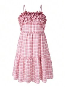 SHEIN Vestido de tirantes a cuadros con múltiples capas de volantes en el dobladillo para adolescente en vacaciones de verano - Multicolor - Ver 6