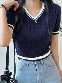 INAWLY Plus Size Color Block Short Sleeve Knit Top For Casual Summer