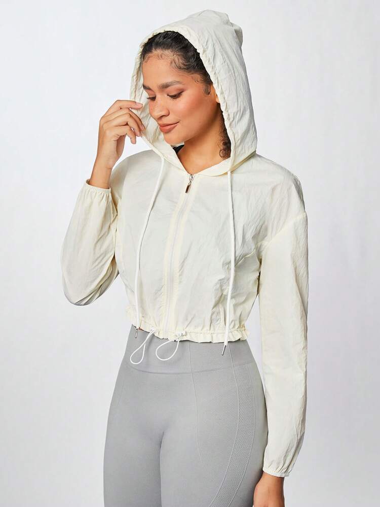 Women's Fashion Solid Color Short Length Long Sleeve Hooded Jacket, Casual