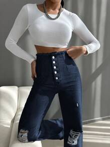 SHEIN Cottnline Vaqueros De Mezclilla Desgastados Con Botones En La Parte Delantera Para Mujer - Azul lavado oscuro - Ver 3