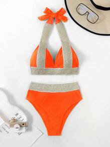 女士夏季海灘顏色積木系結頸兩件式比基尼套裝 - 橘色 - 查看 5
