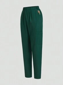 TaskEZ 純色V領短袖上衣和褲子護理制服套裝 - 綠色 - 查看 4