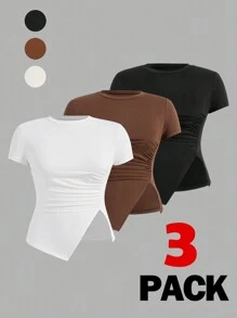 SHEIN Essnce Áo thun xếp ly cổ tròn cỡ lớn dành cho nữ, 3 cái/bộ - Nhiều màu - Xem 1