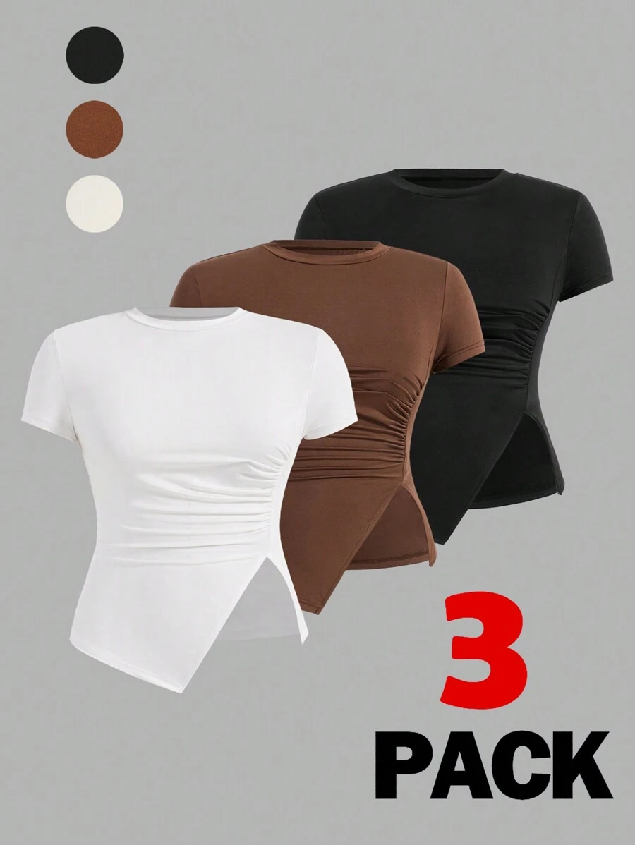 SHEIN Essnce Áo thun xếp ly cổ tròn cỡ lớn dành cho nữ, 3 cái/bộ - Nhiều màu - Xem 1