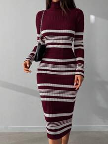 EURMUSE Striped Pattern Turtleneck Bodycon Sweater Dress - Red and White - View 4