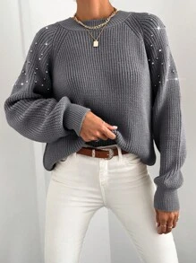 EURMUSE Suéter De Punto Con Mangas De Raglán Y Detalle De Perlas En Las Costuras - Gris - Ver 3