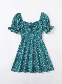 Soleia 抽繩前結飾抽褶小碎花連衣裙