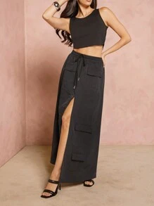 Hauture Split Thigh Drawstring Cargo Skirt - Black - View 1