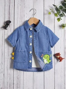 男婴可爱恐龙休闲牛仔上衣 - 淺色水洗藍 - 查看 1