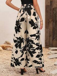 SHEIN Clasi Calças femininas de cintura alta largas de perna longa soltas com estampa de plantas para estilo de férias - Damasco - Visão 2