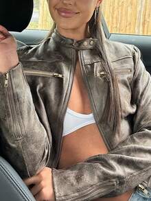 Apperloth A Y2K Street Maillard Cổ Đứng Dây Kéo Nút Bấm Da Lộn Áo Khoác Xe Máy Áo Crop Coat - màu nâu - Xem 5