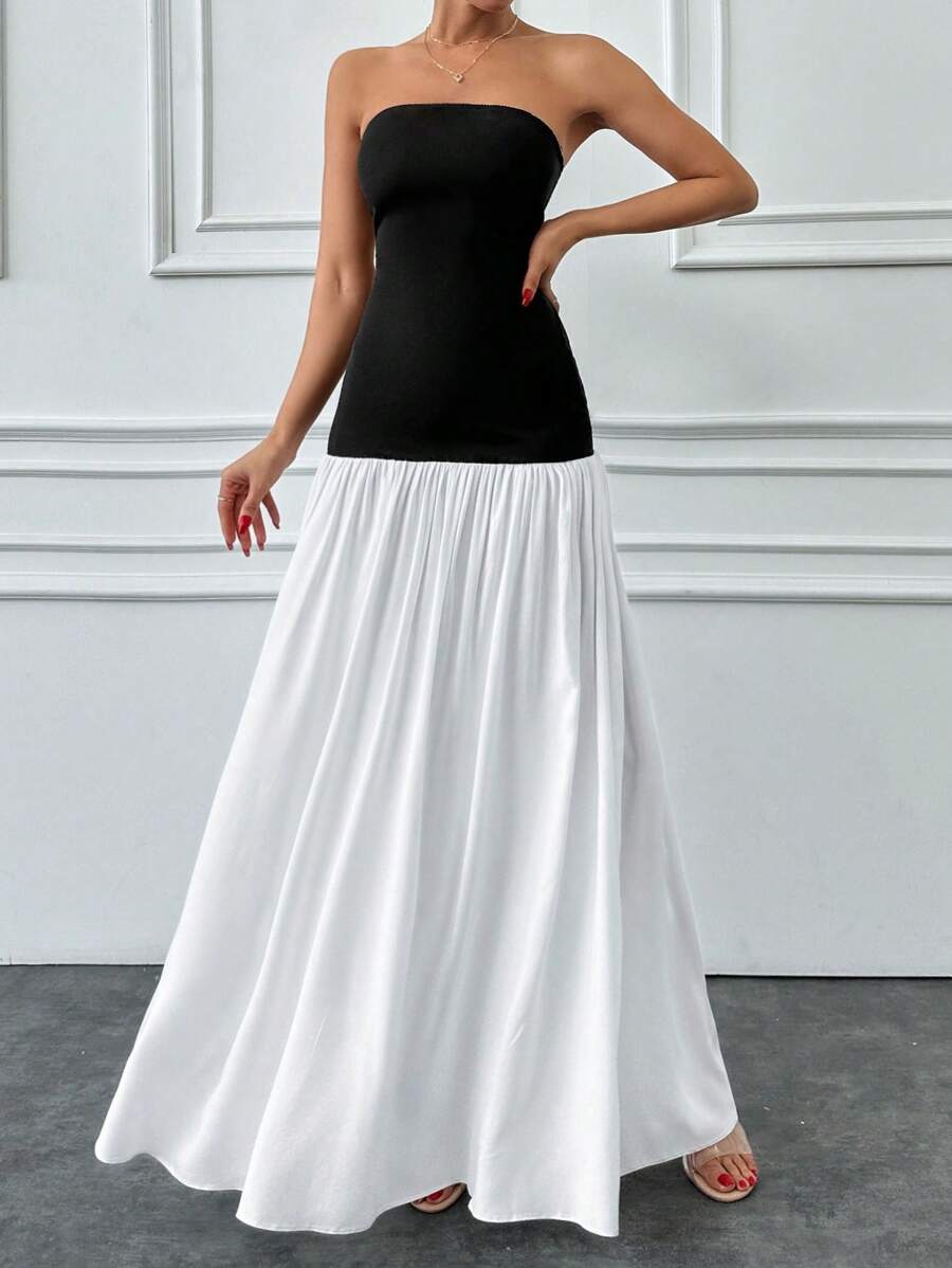 SHEIN Cottnline Women's Strapless A-Line Color Block Dress, Elegant And Fashionable - Multicolor - View 1