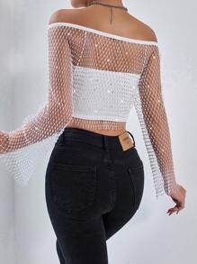 Zolique 女士时尚性感水钻渔网露肩文胸无袖短款上衣和系带露肩上衣性感时尚上衣套装，适合夏季和秋季穿着。 - 白色 - 查看 2