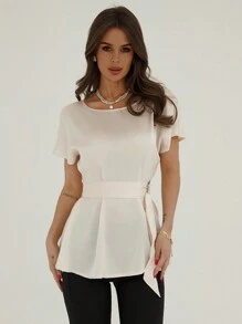 Aloruh 簡約通勤杏色緞面束腰女襯衫，下擺呈鈴蕾狀 - 香檳色 - 查看 5