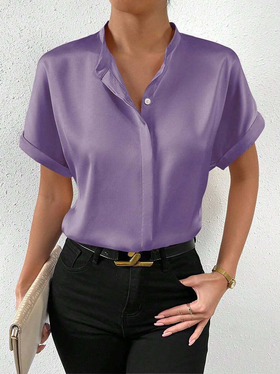 Chiquease Summer Casual Solid Color Stand Collar Batwing Sleeve Shirt - Mauve Purple - View 1
