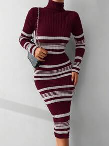 EURMUSE Striped Pattern Turtleneck Bodycon Sweater Dress - Red and White - View 3