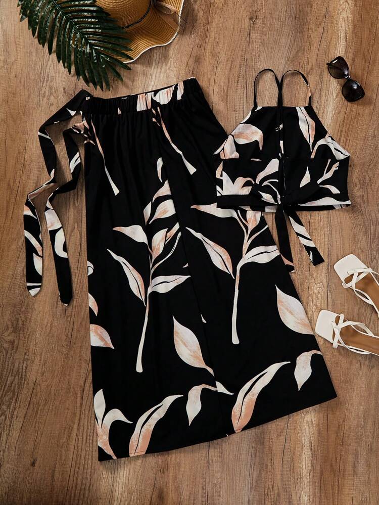 Plus Size Holiday Black Leaf Silhouette Printed Tank Top And Skirt Set For Women Beachwear