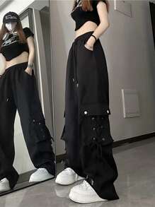 Women's Strap Pocket Cargo Pants - Black - View 8