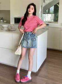 DAZY 女款夏季條紋和印花圓領短袖休閒T恤 - 粉色 - 查看 2