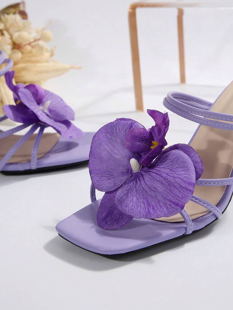 Floral Decor High Heel Sandals For Women, European And American New Style Summer Beach Slippers, Suitable For Dates, Commuting, Banquets, Parties - Purple - View 5