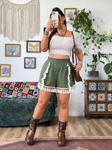 Flirla Plus Size Proste wakacyjne dopasowane szorty z frędzlami, lato