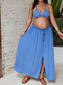 SHEIN Maternity Island Vacation Strap Bikini Sexy Low Waist Skirt 2-Piece Set - Blue - View 3